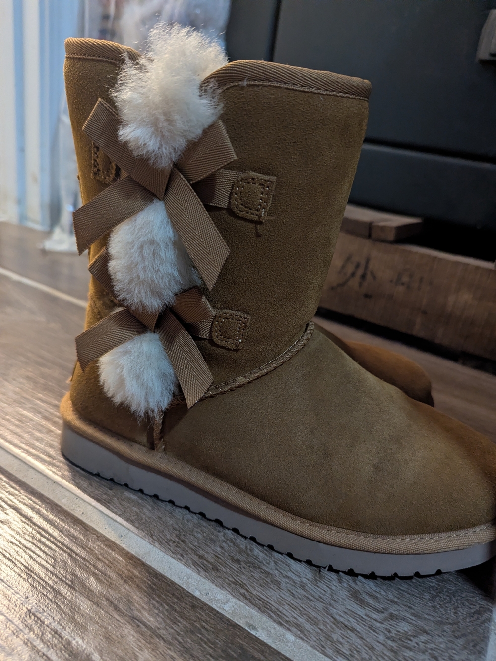 Koolaburra Chestnut Brown Suede Booties with Fur Pom-Pom Bows